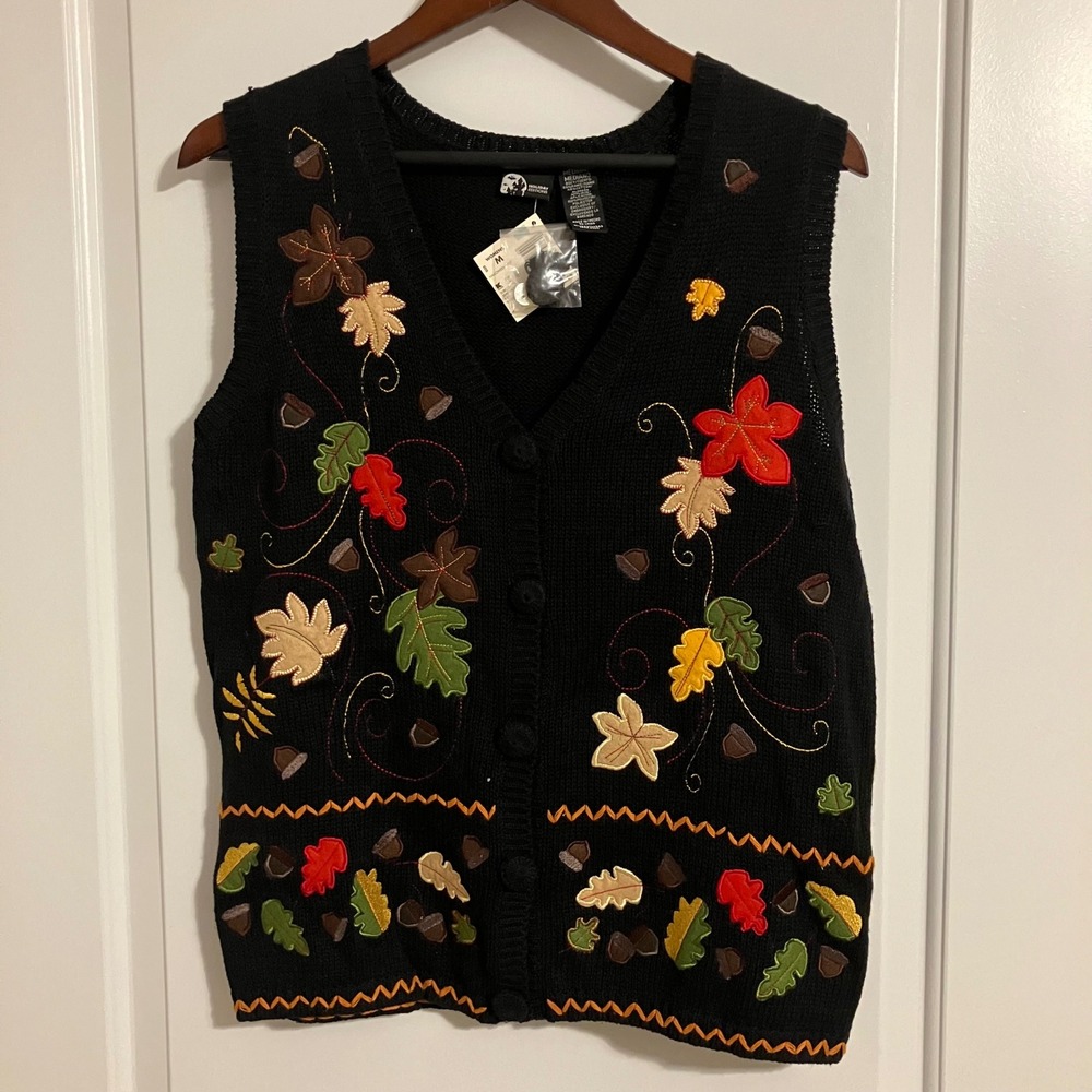 Holiday Editions Womens 90s Black Fall Leaf Acorn Sweater Vest Medium NWT